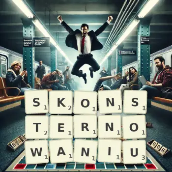 Kreatywna ilustracja do gry w Scrabble ze słowem SKONSTERNOWANIU ułożonym z płytek na planszy.