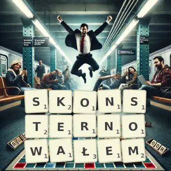 Kreatywna ilustracja do gry w Scrabble ze słowem SKONSTERNOWAŁEM ułożonym z płytek na planszy.