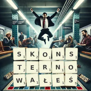 Kreatywna ilustracja do gry w Scrabble ze słowem SKONSTERNOWAŁEŚ ułożonym z płytek na planszy.