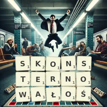 Kreatywna ilustracja do gry w Scrabble ze słowem SKONSTERNOWAŁOŚ ułożonym z płytek na planszy.