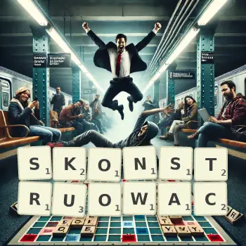 Kreatywna ilustracja do gry w Scrabble ze słowem SKONSTRUOWAC ułożonym z płytek na planszy.