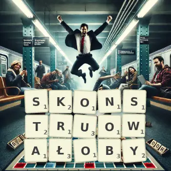 Kreatywna ilustracja do gry w Scrabble ze słowem SKONSTRUOWAŁOBY ułożonym z płytek na planszy.