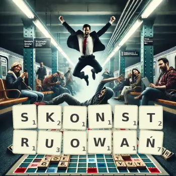 Kreatywna ilustracja do gry w Scrabble ze słowem SKONSTRUOWAŃ ułożonym z płytek na planszy.