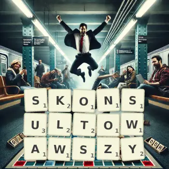 Kreatywna ilustracja do gry w Scrabble ze słowem SKONSULTOWAWSZY ułożonym z płytek na planszy.