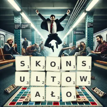 Kreatywna ilustracja do gry w Scrabble ze słowem SKONSULTOWAŁO ułożonym z płytek na planszy.