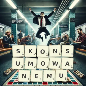 Kreatywna ilustracja do gry w Scrabble ze słowem SKONSUMOWANEMU ułożonym z płytek na planszy.