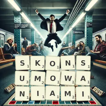 Kreatywna ilustracja do gry w Scrabble ze słowem SKONSUMOWANIAMI ułożonym z płytek na planszy.