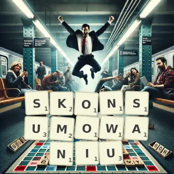 Kreatywna ilustracja do gry w Scrabble ze słowem SKONSUMOWANIU ułożonym z płytek na planszy.