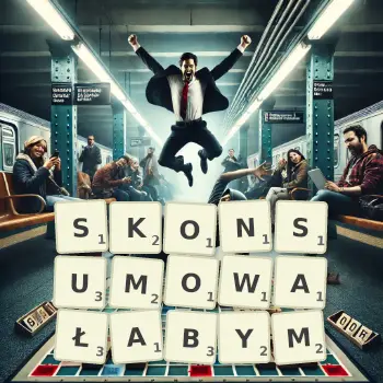 Kreatywna ilustracja do gry w Scrabble ze słowem SKONSUMOWAŁABYM ułożonym z płytek na planszy.