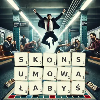 Kreatywna ilustracja do gry w Scrabble ze słowem SKONSUMOWAŁABYŚ ułożonym z płytek na planszy.