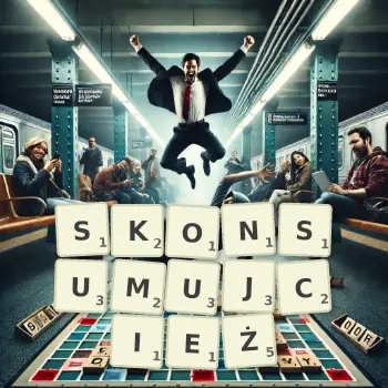 Kreatywna ilustracja do gry w Scrabble ze słowem SKONSUMUJCIEŻ ułożonym z płytek na planszy.