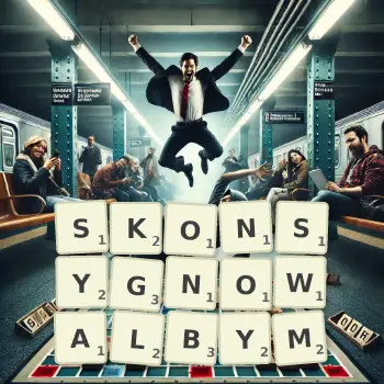 Kreatywna ilustracja do gry w Scrabble ze słowem SKONSYGNOWALBYM ułożonym z płytek na planszy.