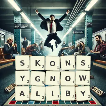 Kreatywna ilustracja do gry w Scrabble ze słowem SKONSYGNOWALIBY ułożonym z płytek na planszy.