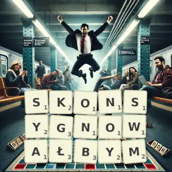 Kreatywna ilustracja do gry w Scrabble ze słowem SKONSYGNOWAŁBYM ułożonym z płytek na planszy.