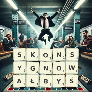 Kreatywna ilustracja do gry w Scrabble ze słowem SKONSYGNOWAŁBYŚ ułożonym z płytek na planszy.