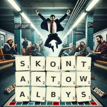 Kreatywna ilustracja do gry w Scrabble ze słowem SKONTAKTOWALBYS ułożonym z płytek na planszy.