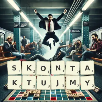 Kreatywna ilustracja do gry w Scrabble ze słowem SKONTAKTUJMY ułożonym z płytek na planszy.