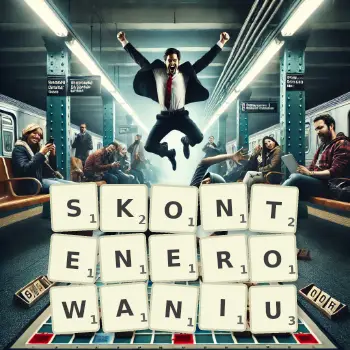 Kreatywna ilustracja do gry w Scrabble ze słowem SKONTENEROWANIU ułożonym z płytek na planszy.