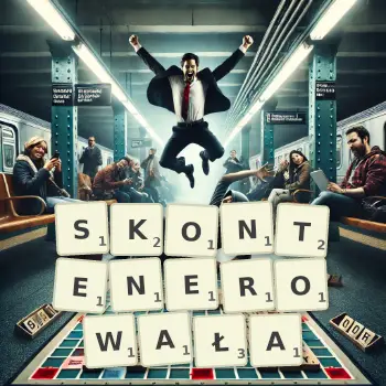 Kreatywna ilustracja do gry w Scrabble ze słowem SKONTENEROWAŁA ułożonym z płytek na planszy.