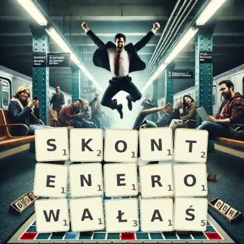 Kreatywna ilustracja do gry w Scrabble ze słowem SKONTENEROWAŁAŚ ułożonym z płytek na planszy.