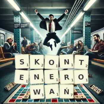 Kreatywna ilustracja do gry w Scrabble ze słowem SKONTENEROWAŃ ułożonym z płytek na planszy.