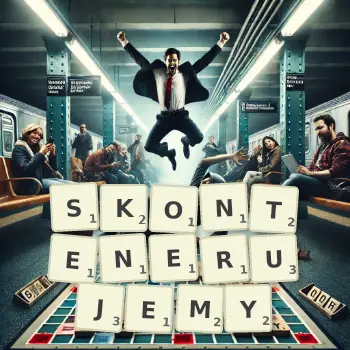 Kreatywna ilustracja do gry w Scrabble ze słowem SKONTENERUJEMY ułożonym z płytek na planszy.