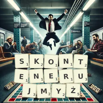 Kreatywna ilustracja do gry w Scrabble ze słowem SKONTENERUJMYŻ ułożonym z płytek na planszy.