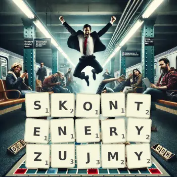 Kreatywna ilustracja do gry w Scrabble ze słowem SKONTENERYZUJMY ułożonym z płytek na planszy.