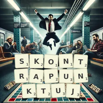 Kreatywna ilustracja do gry w Scrabble ze słowem SKONTRAPUNKTUJ ułożonym z płytek na planszy.