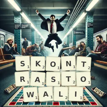 Kreatywna ilustracja do gry w Scrabble ze słowem SKONTRASTOWALI ułożonym z płytek na planszy.