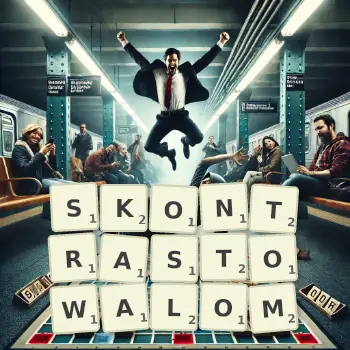 Kreatywna ilustracja do gry w Scrabble ze słowem SKONTRASTOWALOM ułożonym z płytek na planszy.