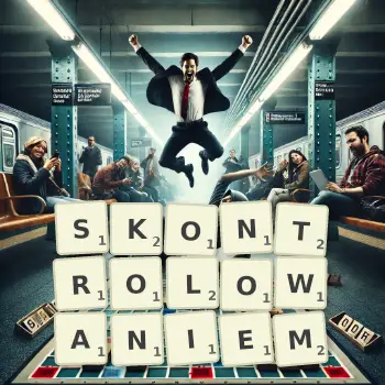 Kreatywna ilustracja do gry w Scrabble ze słowem SKONTROLOWANIEM ułożonym z płytek na planszy.