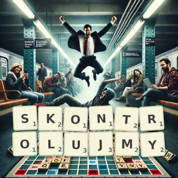 Kreatywna ilustracja do gry w Scrabble ze słowem SKONTROLUJMY ułożonym z płytek na planszy.