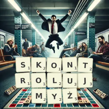 Kreatywna ilustracja do gry w Scrabble ze słowem SKONTROLUJMYŻ ułożonym z płytek na planszy.