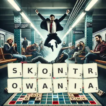 Kreatywna ilustracja do gry w Scrabble ze słowem SKONTROWANIA ułożonym z płytek na planszy.