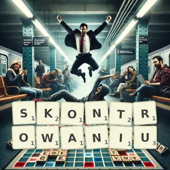 Kreatywna ilustracja do gry w Scrabble ze słowem SKONTROWANIU ułożonym z płytek na planszy.