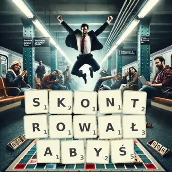 Kreatywna ilustracja do gry w Scrabble ze słowem SKONTROWAŁABYŚ ułożonym z płytek na planszy.