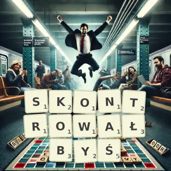Kreatywna ilustracja do gry w Scrabble ze słowem SKONTROWAŁBYŚ ułożonym z płytek na planszy.