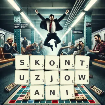 Kreatywna ilustracja do gry w Scrabble ze słowem SKONTUZJOWANI ułożonym z płytek na planszy.