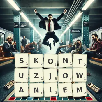 Kreatywna ilustracja do gry w Scrabble ze słowem SKONTUZJOWANIEM ułożonym z płytek na planszy.