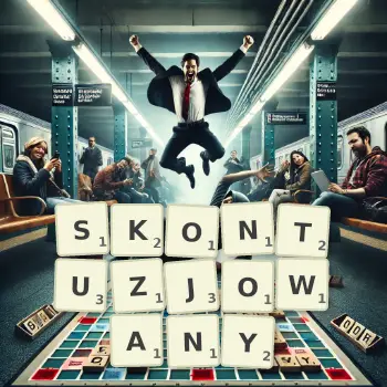 Kreatywna ilustracja do gry w Scrabble ze słowem SKONTUZJOWANY ułożonym z płytek na planszy.