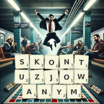 Kreatywna ilustracja do gry w Scrabble ze słowem SKONTUZJOWANYM ułożonym z płytek na planszy.