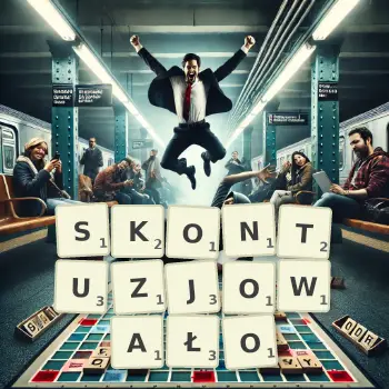 Kreatywna ilustracja do gry w Scrabble ze słowem SKONTUZJOWAŁO ułożonym z płytek na planszy.