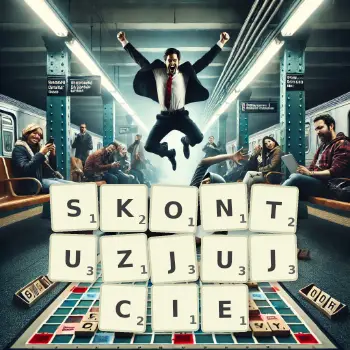 Kreatywna ilustracja do gry w Scrabble ze słowem SKONTUZJUJCIE ułożonym z płytek na planszy.