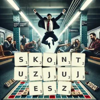 Kreatywna ilustracja do gry w Scrabble ze słowem SKONTUZJUJESZ ułożonym z płytek na planszy.
