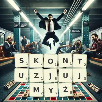 Kreatywna ilustracja do gry w Scrabble ze słowem SKONTUZJUJMYŻ ułożonym z płytek na planszy.