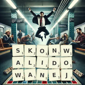 Kreatywna ilustracja do gry w Scrabble ze słowem SKONWALIDOWANEJ ułożonym z płytek na planszy.