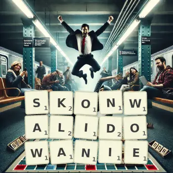 Kreatywna ilustracja do gry w Scrabble ze słowem SKONWALIDOWANIE ułożonym z płytek na planszy.