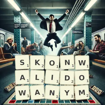 Kreatywna ilustracja do gry w Scrabble ze słowem SKONWALIDOWANYM ułożonym z płytek na planszy.