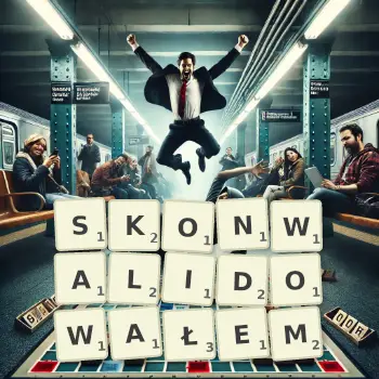 Kreatywna ilustracja do gry w Scrabble ze słowem SKONWALIDOWAŁEM ułożonym z płytek na planszy.